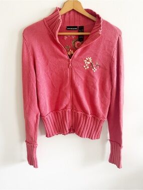 Vintage Y2K DKNY 100% cotton floral embroidered long sleeve zip up sweater XL